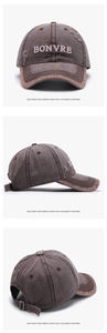 Detailed views of the distressed cotton baseball cap with 3D BONVRE embroidery
