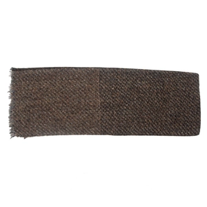 Detail shot of brown tweed knit scarf fabric texture with delicate short fringe edges
