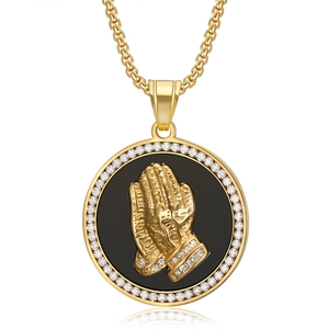 Gold plated stainless steel hip hop necklace with prayer hands and zircon stones