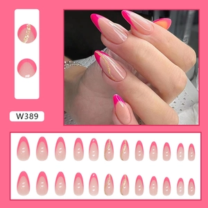 Pink and nude almond press-on nails with gold glitter wavy lines in 20-piece set