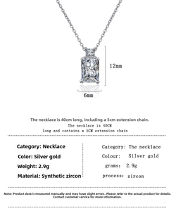 Detailed view of square zircon pendant showing size 12mm x 6mm and 40cm silver chain