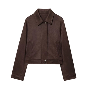 Veste Courte En Daim Pour Femmes Manches Longues Col Rabattu Fermeture Éclair Marron Café Vintage Décontracté Manteau