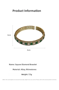 Detail view of 6cm diameter gold bangle with square green and white rhinestones