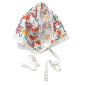 Floral lace cotton triangle headscarf for women with delicate white embroidery edge