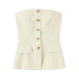 Ensemble haut à boutons blanc crème et pantalon plissé pour femme en mélange de coton