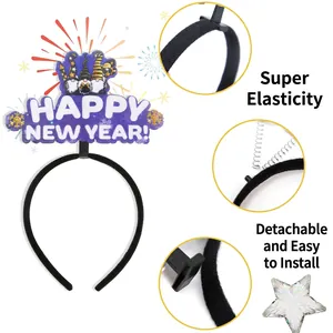 Elastic 2026 Happy New Year headband featuring three cute gnomes with party decorations