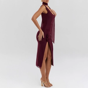 Sexy wine red cowl neck slit midi dress with mesh splicing and 3D flower detail