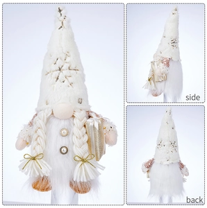 Front, side and back views of a white plush Christmas gnome doll with golden snowflake hat