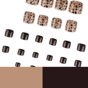 Short square leopard print and dark brown glossy press-on toenails set on white background