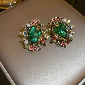 Vintage Baroque Emerald Green Crown Earrings With 925 Sterling Silver Earring Post Faux Artificial Pearl Retro Court Style