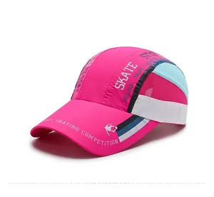 Detail of breathable mesh fabric and skate competition print on rose red baseball cap