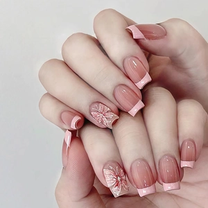 Press On Nails French Gradient Pink With Butterfly Relief Glossy Long False Nails For Women Girls Elegant Style