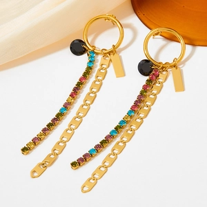 Stainless Steel Long Tassel Drop Earrings For Women Colorful Rhinestone Pig Nose Chain Hoop Dangle Bohemian