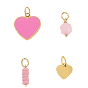 Pink shell heart charms and gold heart pendants in polished stainless steel for DIY jewelry
