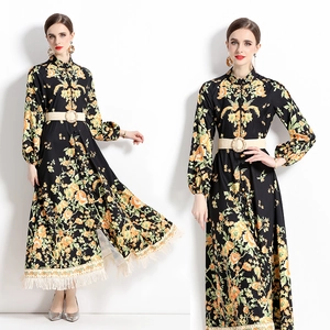 Vintage Maxi Φόρεμα Με Φλοράλ Σχέδιο Πολυεστέρας Μακρυμάνικο Όρθιος Γιακάς Κρόσσια Με Ζώνη Κομψό Γυναικείο Φόρεμα