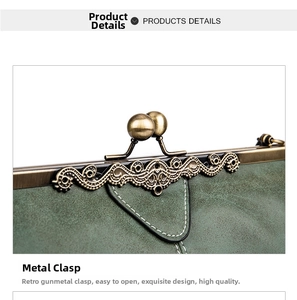 Detail of vintage gun-metal clasp with embossed scroll patterns on matte green handbag