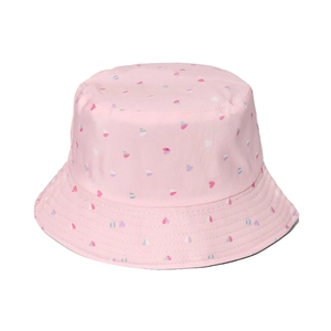 Pink bucket hat with heart patterns in soft cotton fabric for a stylish summer sun look