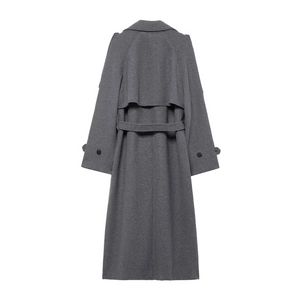 Deep grey long wool coat back view with classic storm flap and matching waist belt buckle