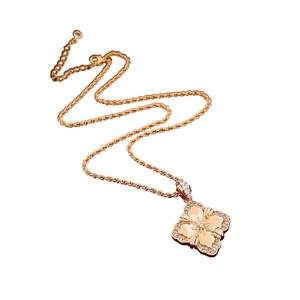 18K rose gold plated floral square pendant necklace with intricate carvings and crystals