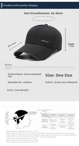 Detailed size chart for quick-dry baseball cap featuring mesh fabric and 56-60cm circumference