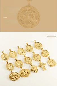 Detailed relief of mythological figures on gold-plated stainless steel pendants