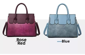 Comparison of embossed leather handbags in rose red and sky blue with adjustable straps