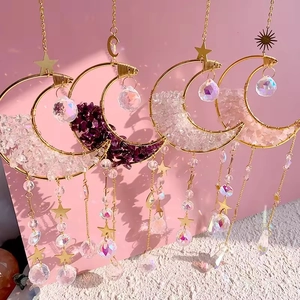 Handmade Moon Crystal Suncatcher With Natural Stone Chips And Prism Ball Rainbow Maker Hanging Ornament For Window Home Decor