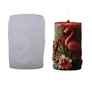 Moule en silicone pour bougies avec relief 3D de flamants roses et feuilles tropicales