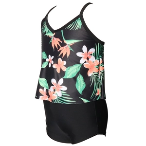 Two-piece girls' tankini swimsuit featuring tropical floral prints and black boyleg bottoms