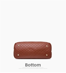 Detail of brown quilted faux leather handbag bottom with four gold metal protective studs