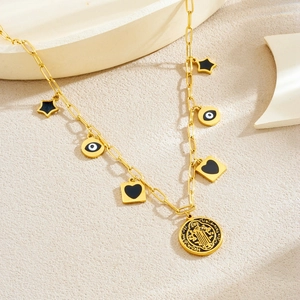 Gold-plated charm necklace with St. Benedict medal, heart, star and evil eye pendants