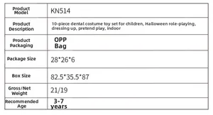 Detailed specification table for kids laboratory roleplay set including size and age