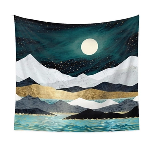 Macro detail of abstract mountain and sea tapestry featuring golden peaks and waves