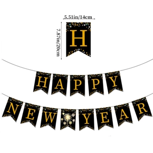 Black and gold Happy New Year banner with fireworks and star motifs for party decor