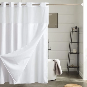 White waffle weave shower curtain with top mesh window and silver metal grommets