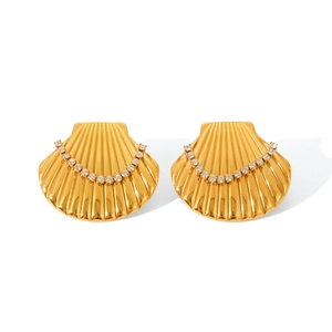 18k gold plated stainless steel scallop earrings with sparkling zircon inlay for women