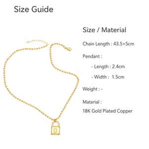 Détail du pendentif cadenas plaqué or 18 carats avec dimensions et chaîne à billes