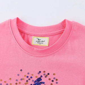 T-shirt rose en coton pour fille avec broderie étoile à paillettes et col rond