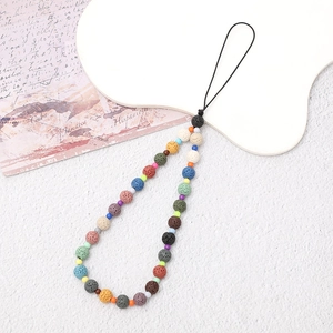 Colorful volcanic stone and silicone bead mobile phone lanyard with black cord loop