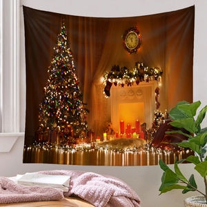 Cozy Christmas tree and fireplace scene on wall tapestry for festive home decoration