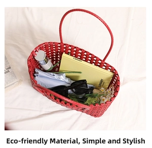 Close-up of red hollow woven shoulder bag showing storage space with summer accessories