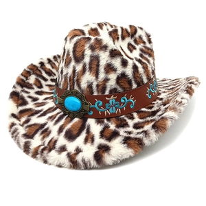 Leopard print cowboy hat with turquoise stone and blue floral embroidery accents