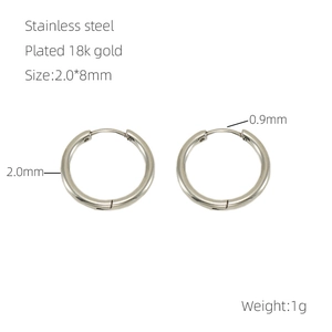 Detail view of silver stainless steel hoop earrings with 2.0x8mm size specifications