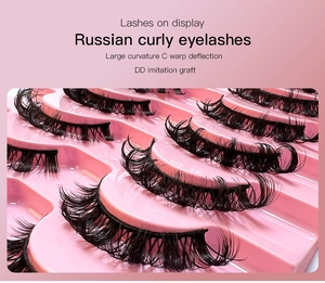 Detailed view of Russian D-curl false eyelashes with a dense 3D grafting effect