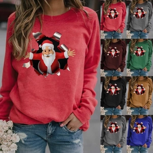 Women's Christmas Santa Print Long Sleeve Round Neck Sweatshirt Casual 3D Graphic Printed Top Autumn Winter Festive Women Clothing