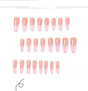 Macro view of 24pcs pink French coffin press-on nails with silver glitter gradient