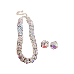 Sparkling square crystal necklace and earrings set with rainbow aurora borealis stones
