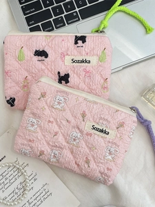 Floral quilted padded organizer pouches with cute cat and rabbit prints in pink