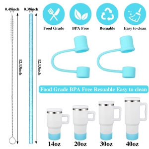 Blue silicone straw cover set with glitter straw and cleaning brush sizing dimensions
