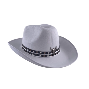 Macro shot of white felt cowboy hat with LED strips and silver bull skull ornament